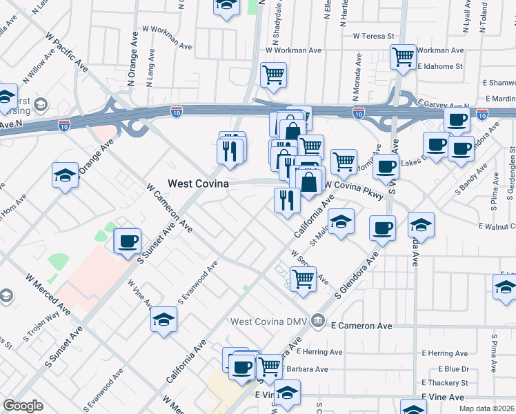 map of restaurants, bars, coffee shops, grocery stores, and more near 639 South Evanwood Avenue in West Covina