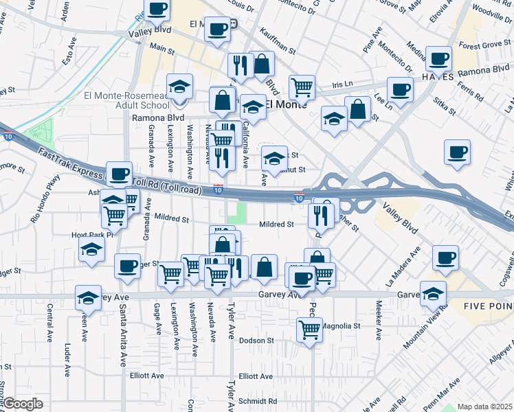 map of restaurants, bars, coffee shops, grocery stores, and more near 11056 Asher Street in El Monte