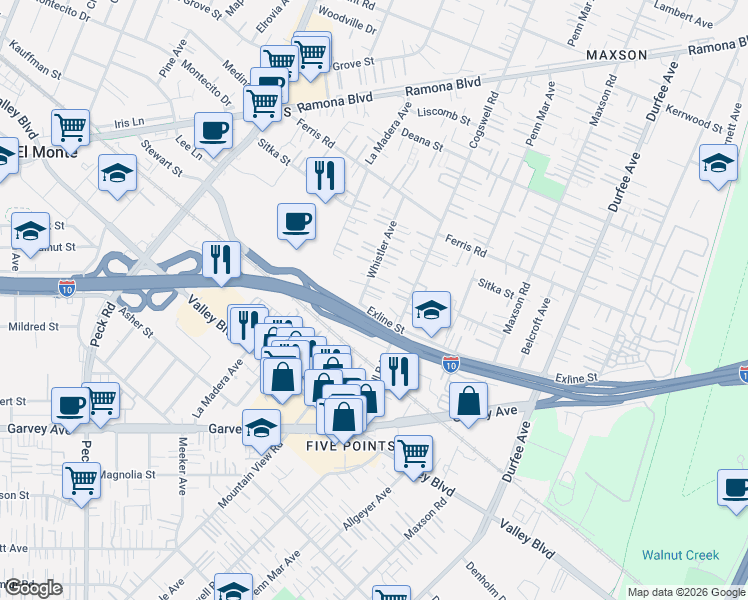map of restaurants, bars, coffee shops, grocery stores, and more near 3424 Whistler Avenue in El Monte