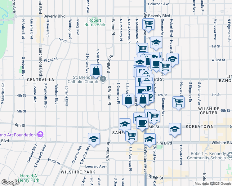 map of restaurants, bars, coffee shops, grocery stores, and more near 326 South Gramercy Place in Los Angeles