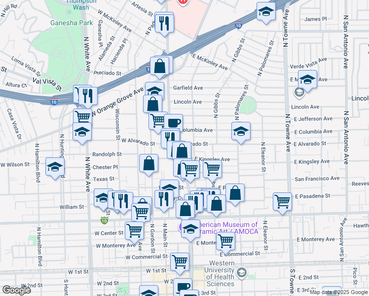 map of restaurants, bars, coffee shops, grocery stores, and more near 150 East Alvarado Street in Pomona