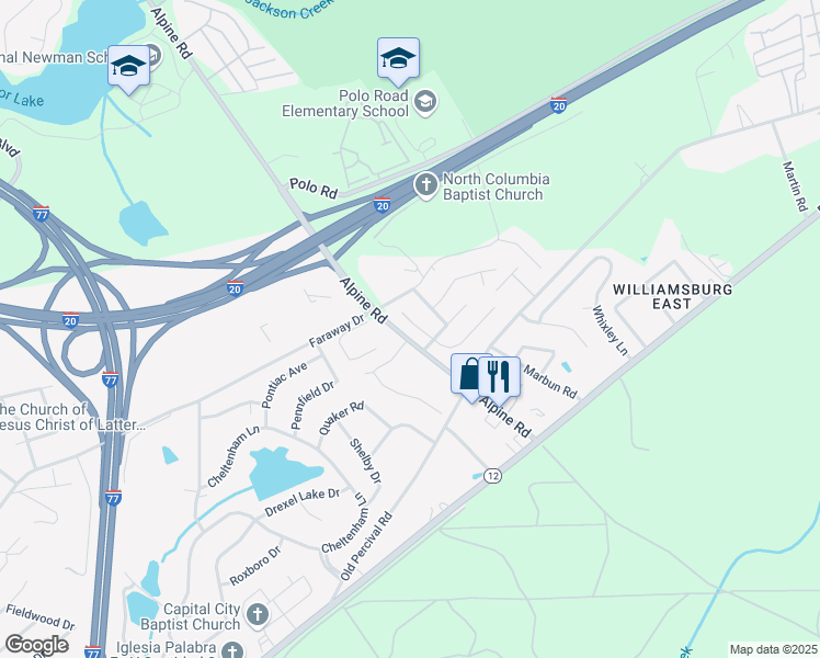 map of restaurants, bars, coffee shops, grocery stores, and more near 111 Tavern Fare Road in Columbia