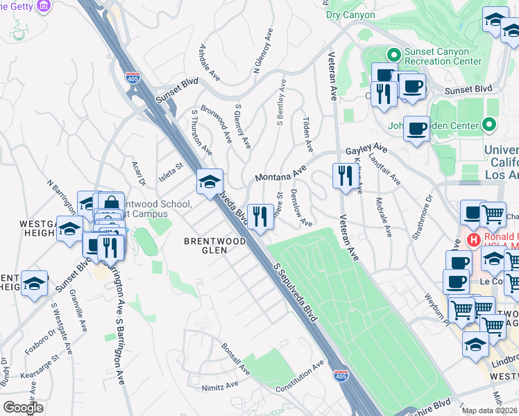 map of restaurants, bars, coffee shops, grocery stores, and more near 453 South Bentley Avenue in Los Angeles