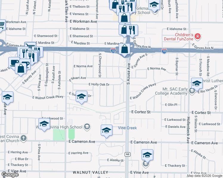 map of restaurants, bars, coffee shops, grocery stores, and more near 401 South Myrtlewood Street in West Covina