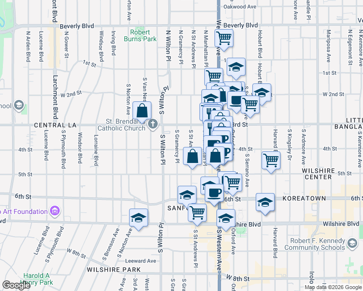 map of restaurants, bars, coffee shops, grocery stores, and more near 358 South Gramercy Place in Los Angeles