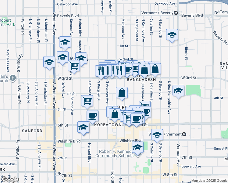 map of restaurants, bars, coffee shops, grocery stores, and more near 3905 4th Street in Los Angeles