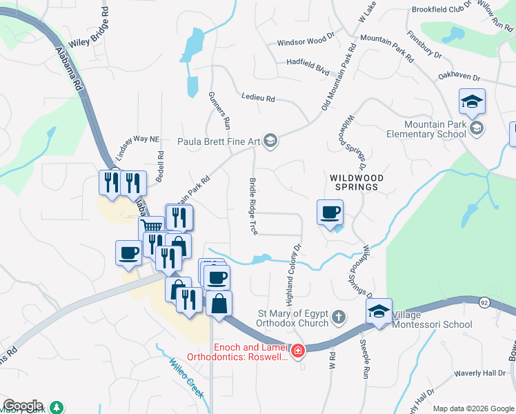 map of restaurants, bars, coffee shops, grocery stores, and more near 11895 Highland Colony Drive in Roswell