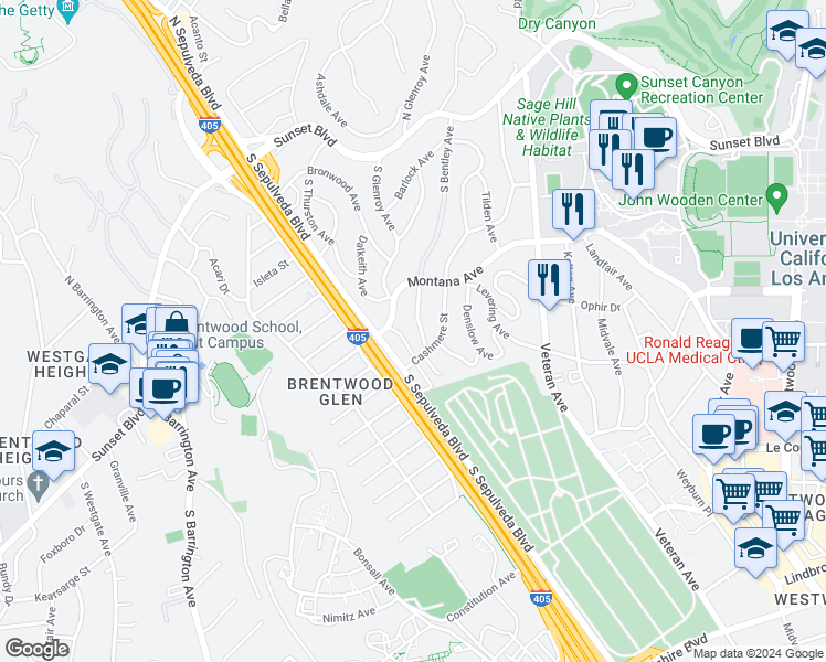 map of restaurants, bars, coffee shops, grocery stores, and more near 453 South Bentley Avenue in Los Angeles