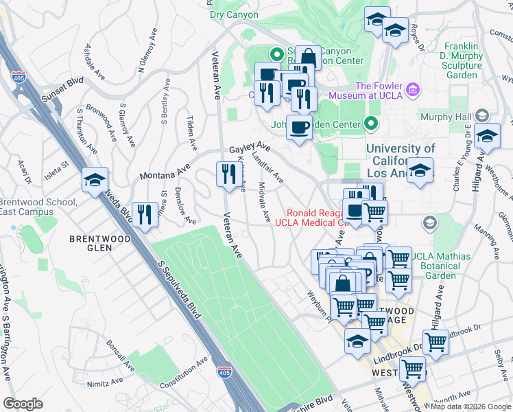 map of restaurants, bars, coffee shops, grocery stores, and more near 527 Midvale Avenue in Los Angeles