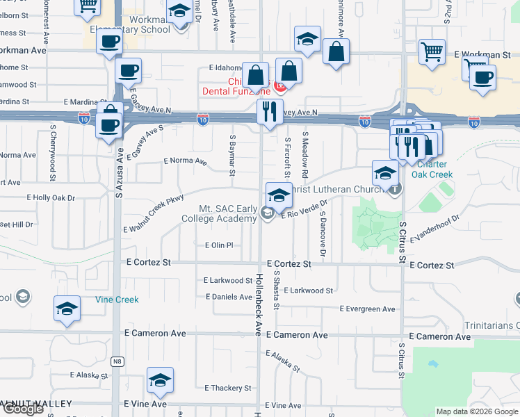 map of restaurants, bars, coffee shops, grocery stores, and more near 301 South Hollenbeck Street in West Covina