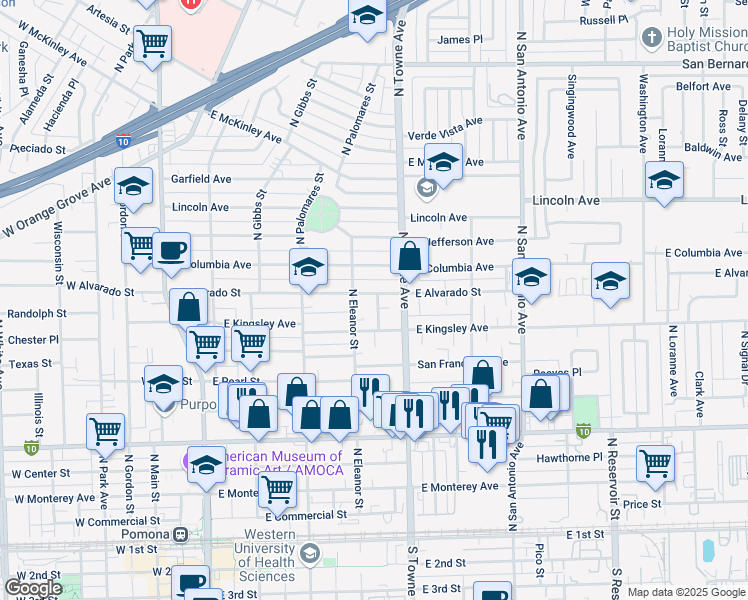 map of restaurants, bars, coffee shops, grocery stores, and more near 530 East Alvarado Street in Pomona