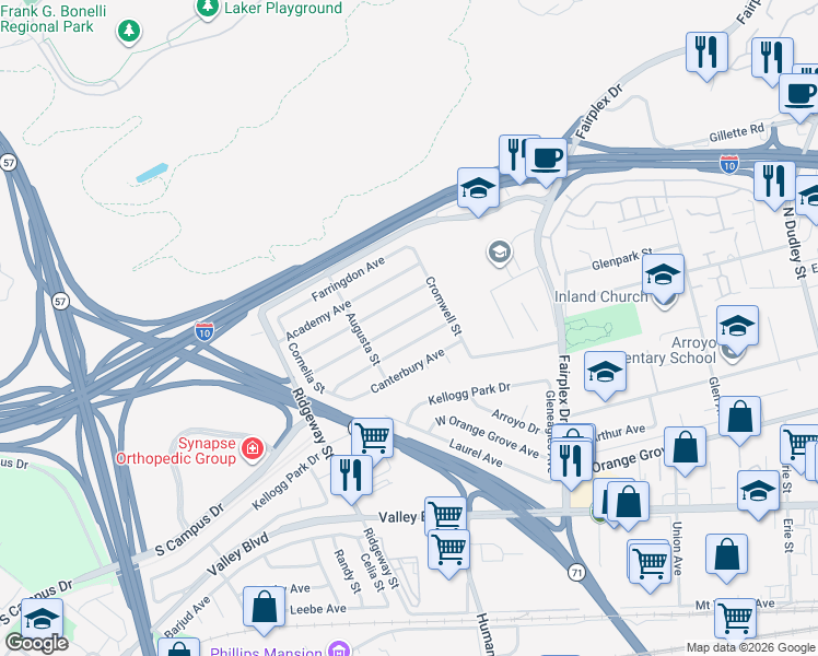 map of restaurants, bars, coffee shops, grocery stores, and more near 2248 Belinda Avenue in Pomona