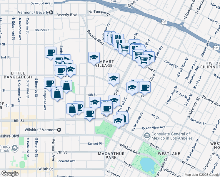 map of restaurants, bars, coffee shops, grocery stores, and more near 322 South Reno Street in Los Angeles