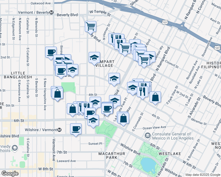 map of restaurants, bars, coffee shops, grocery stores, and more near 322 South Reno Street in Los Angeles