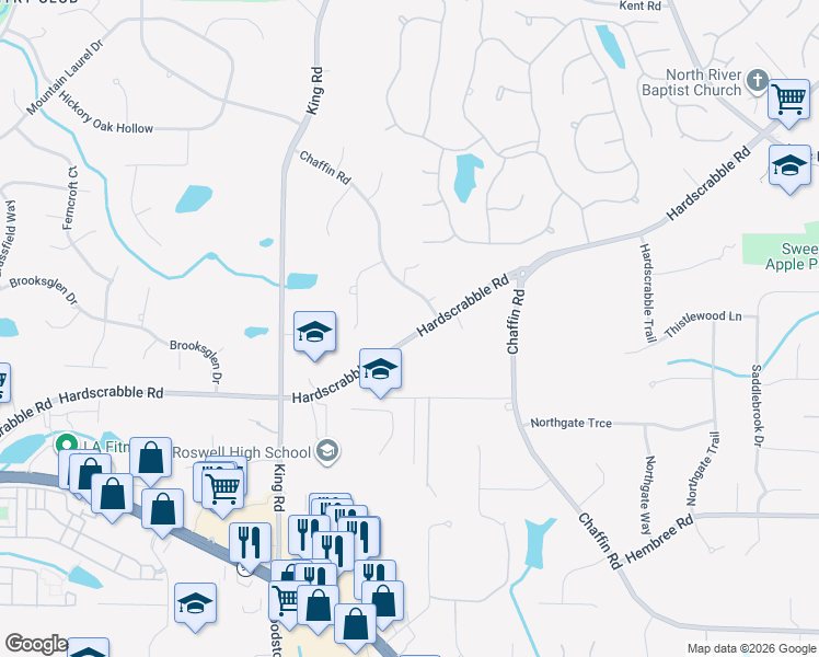 map of restaurants, bars, coffee shops, grocery stores, and more near 590 Hardscrabble Road in Roswell