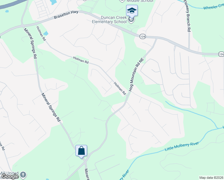 map of restaurants, bars, coffee shops, grocery stores, and more near 4255 Mulberry Ridge Lane Northeast in Hoschton