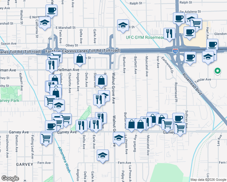 map of restaurants, bars, coffee shops, grocery stores, and more near Walnut Grove Avenue in Rosemead