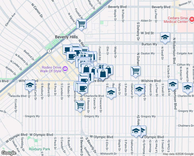 map of restaurants, bars, coffee shops, grocery stores, and more near 155 North Crescent Drive in Beverly Hills