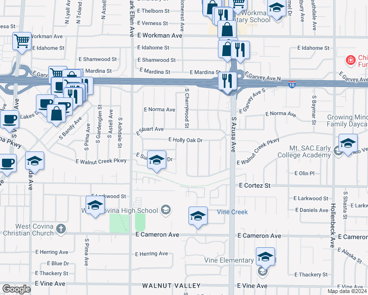 map of restaurants, bars, coffee shops, grocery stores, and more near 401 South Cherrywood Street in West Covina