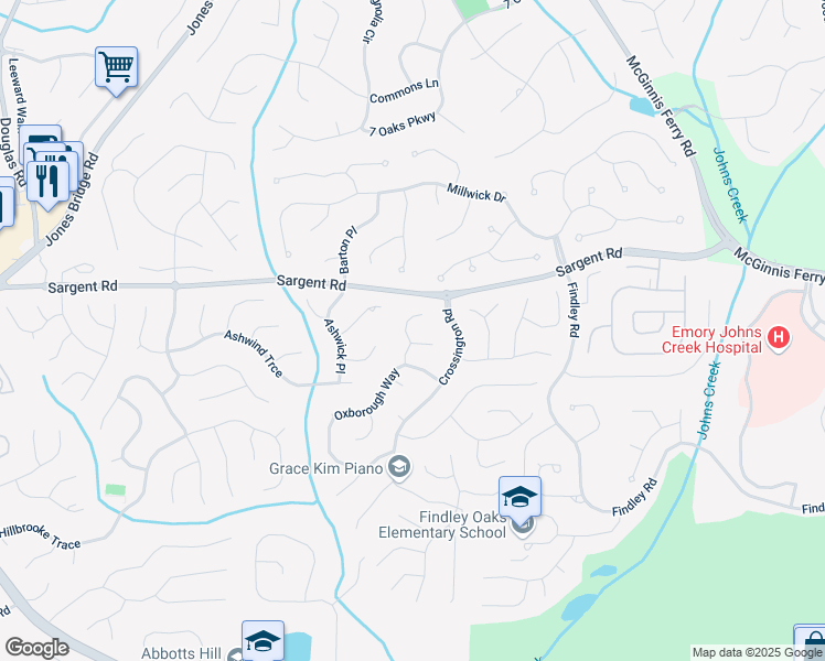 map of restaurants, bars, coffee shops, grocery stores, and more near 245 Davenham Court in Alpharetta