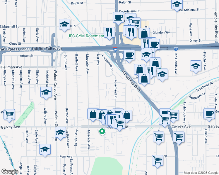 map of restaurants, bars, coffee shops, grocery stores, and more near 8944 Beatrice Place in Rosemead