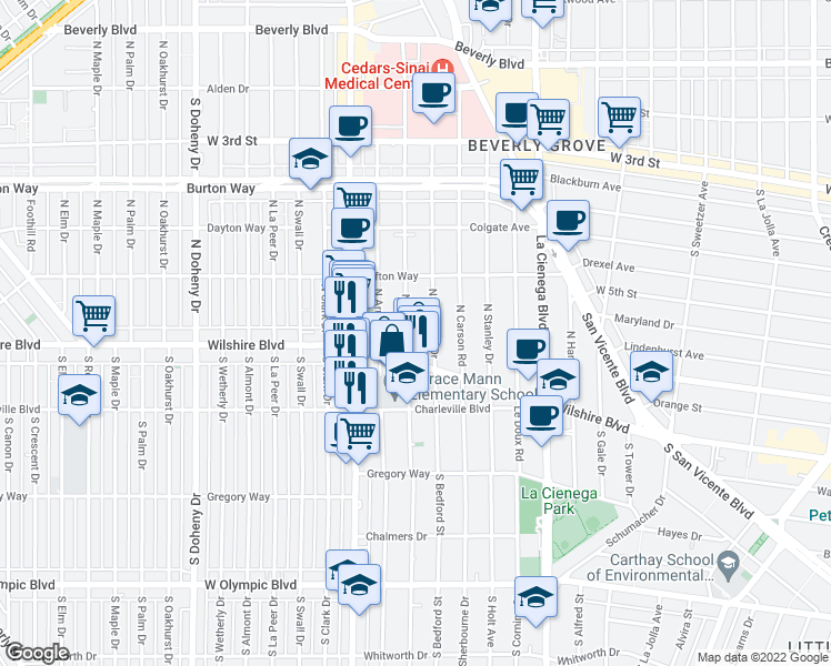 map of restaurants, bars, coffee shops, grocery stores, and more near 142 North Hamel Drive in Beverly Hills