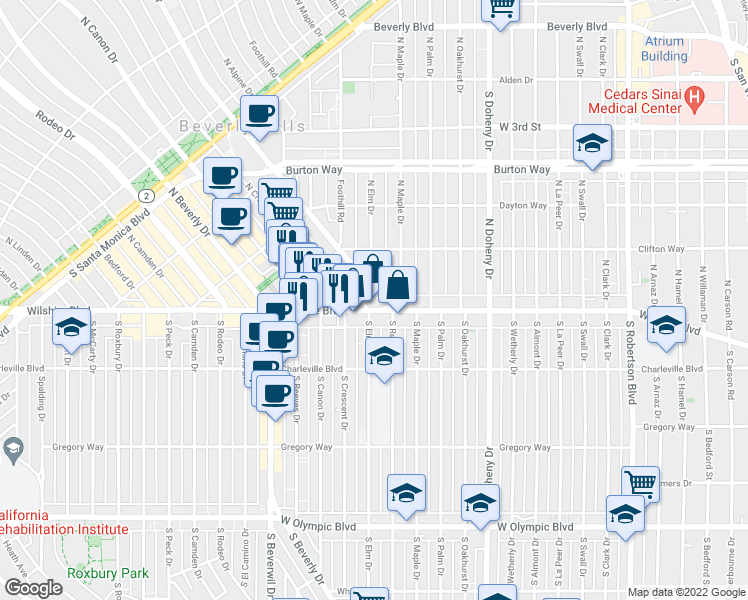 map of restaurants, bars, coffee shops, grocery stores, and more near 137N North Rexford Drive in Beverly Hills