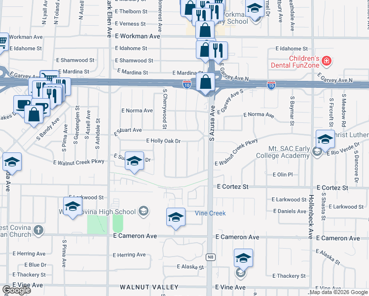 map of restaurants, bars, coffee shops, grocery stores, and more near 401 South Myrtlewood Street in West Covina