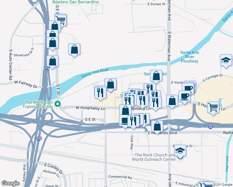map of restaurants, bars, coffee shops, grocery stores, and more near 1881 Commercenter West in San Bernardino