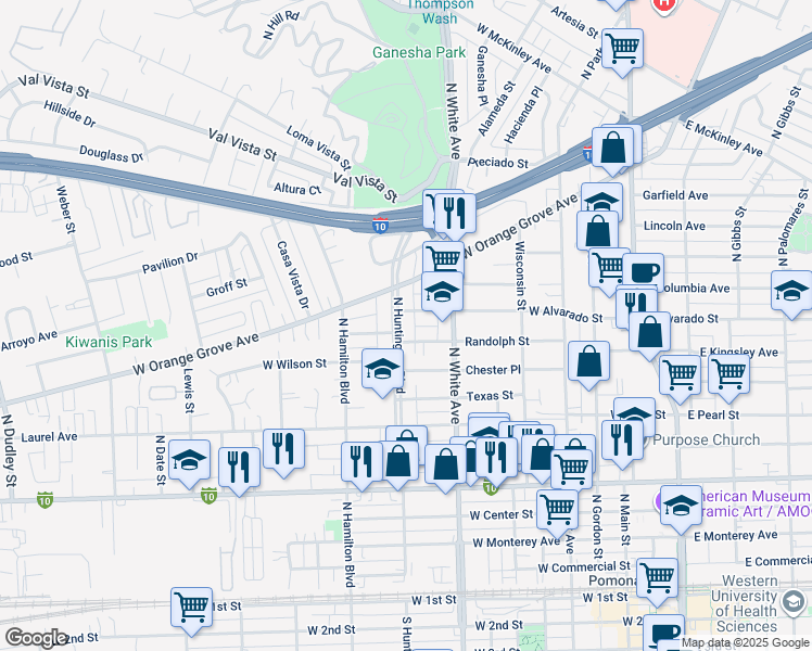 map of restaurants, bars, coffee shops, grocery stores, and more near 1062 North Huntington Boulevard in Pomona