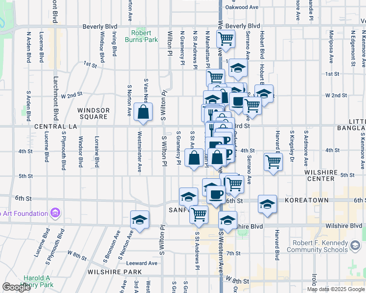 map of restaurants, bars, coffee shops, grocery stores, and more near 358 South Gramercy Place in Los Angeles