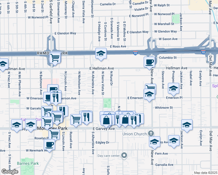 map of restaurants, bars, coffee shops, grocery stores, and more near 501 North Rural Drive in Monterey Park
