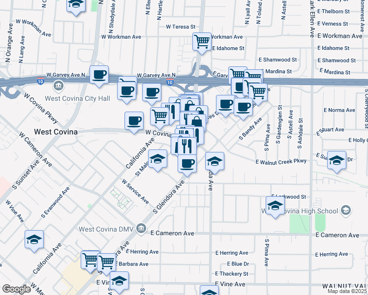 map of restaurants, bars, coffee shops, grocery stores, and more near in West Covina