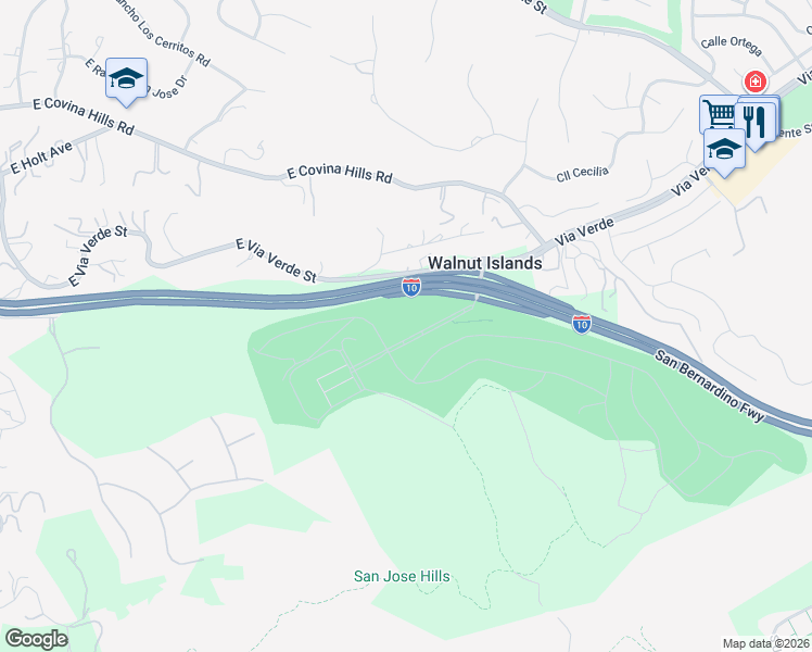 map of restaurants, bars, coffee shops, grocery stores, and more near 21300 East Via Verde Street in Covina