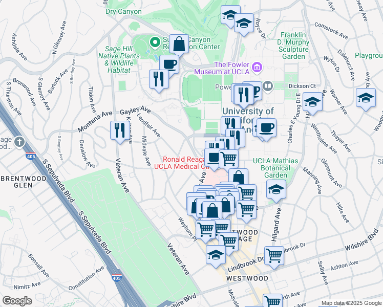 map of restaurants, bars, coffee shops, grocery stores, and more near 663 Gayley Avenue in Los Angeles