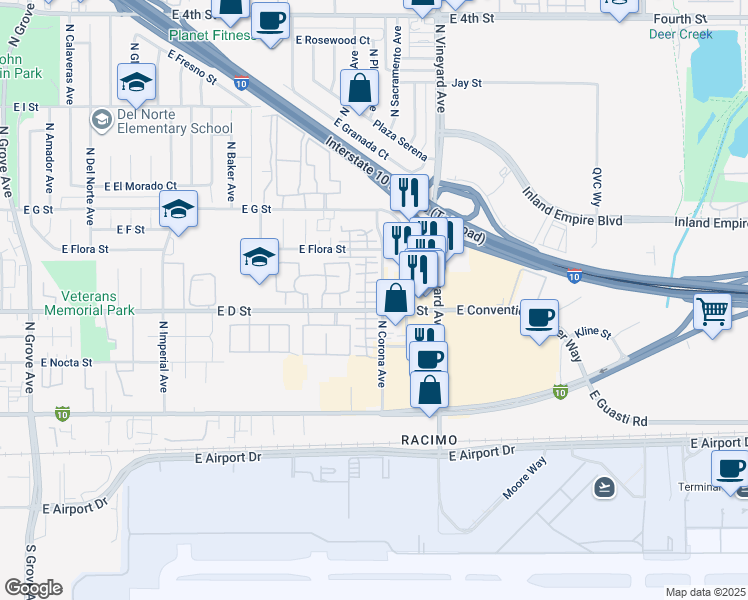 map of restaurants, bars, coffee shops, grocery stores, and more near 406 North Placer Privado in Ontario