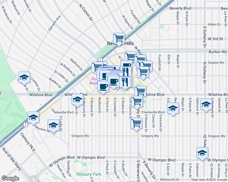 map of restaurants, bars, coffee shops, grocery stores, and more near 9595 Wilshire Boulevard in Beverly Hills