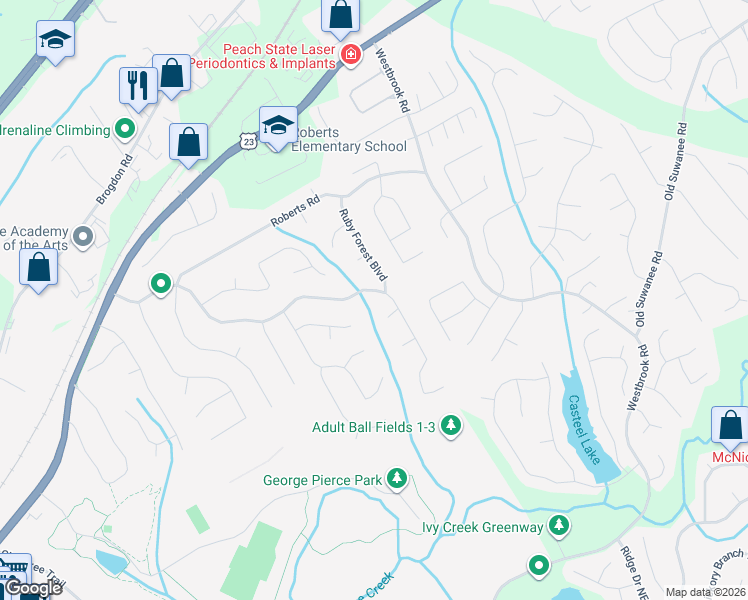 map of restaurants, bars, coffee shops, grocery stores, and more near 4115 Ruby Forest Boulevard in Suwanee
