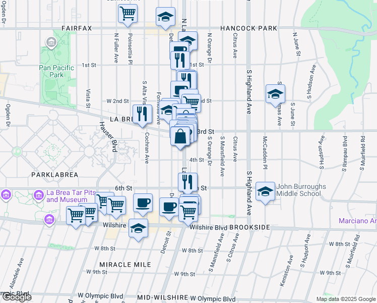 map of restaurants, bars, coffee shops, grocery stores, and more near 332 South La Brea Avenue in Los Angeles