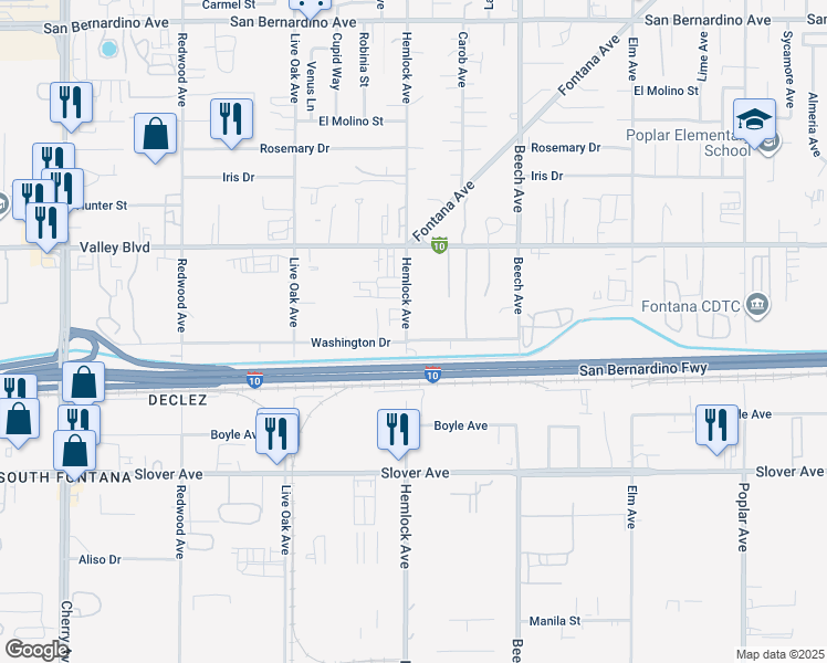 map of restaurants, bars, coffee shops, grocery stores, and more near 15114 Washington Drive in Fontana