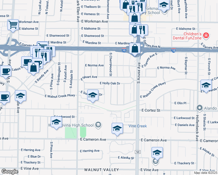 map of restaurants, bars, coffee shops, grocery stores, and more near 401 South Cherrywood Street in West Covina