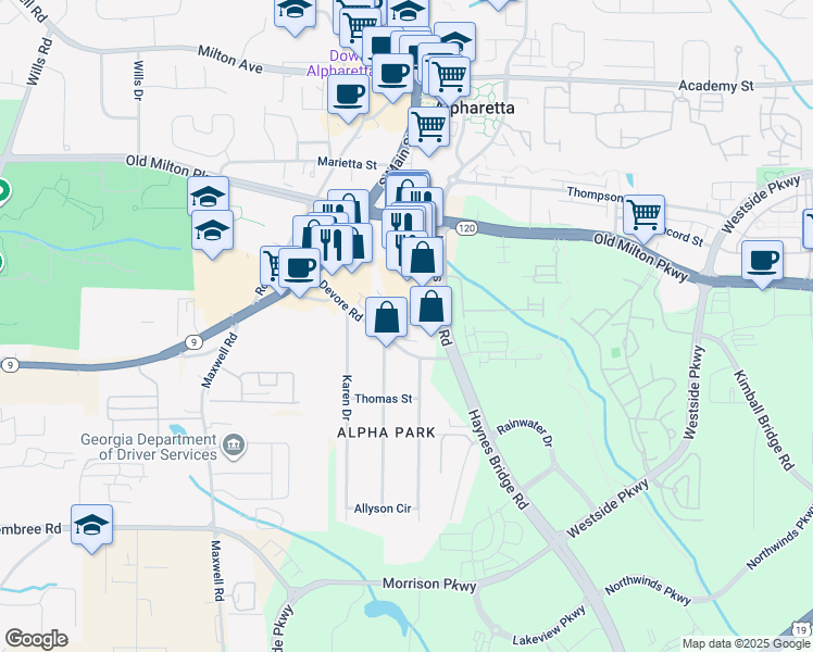 map of restaurants, bars, coffee shops, grocery stores, and more near 11770 Haynes Bridge Road in Alpharetta