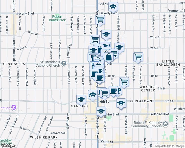map of restaurants, bars, coffee shops, grocery stores, and more near 350 South Manhattan Place in Los Angeles