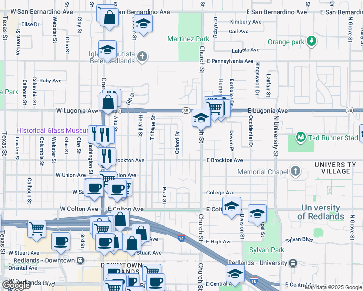 map of restaurants, bars, coffee shops, grocery stores, and more near 1140 Oxford Drive in Redlands