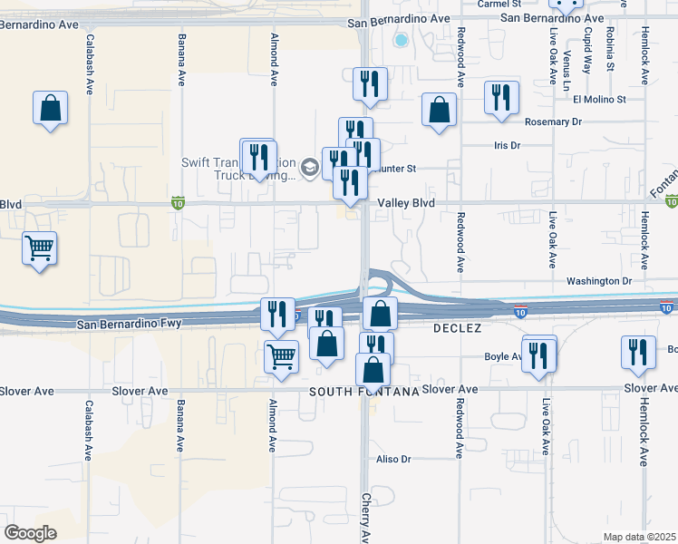 map of restaurants, bars, coffee shops, grocery stores, and more near 10238 Cherry Avenue in Fontana
