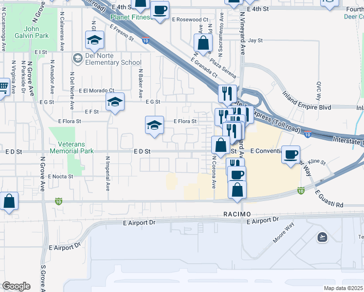 map of restaurants, bars, coffee shops, grocery stores, and more near 1701 East D Street in Ontario