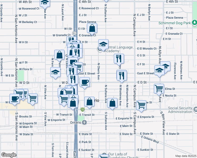map of restaurants, bars, coffee shops, grocery stores, and more near 312 East E Street in Ontario