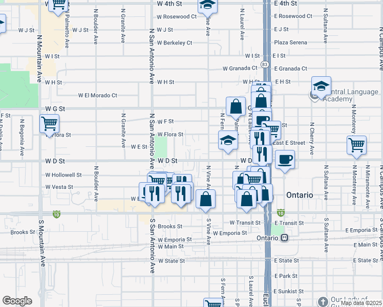 map of restaurants, bars, coffee shops, grocery stores, and more near 501 North Vine Avenue in Ontario