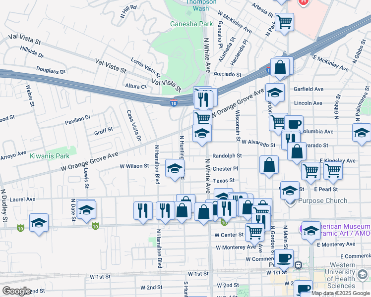 map of restaurants, bars, coffee shops, grocery stores, and more near 555 West Alvarado Street in Pomona