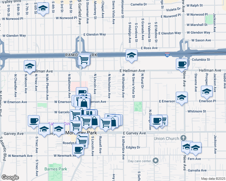 map of restaurants, bars, coffee shops, grocery stores, and more near 521 North Nicholson Avenue in Monterey Park